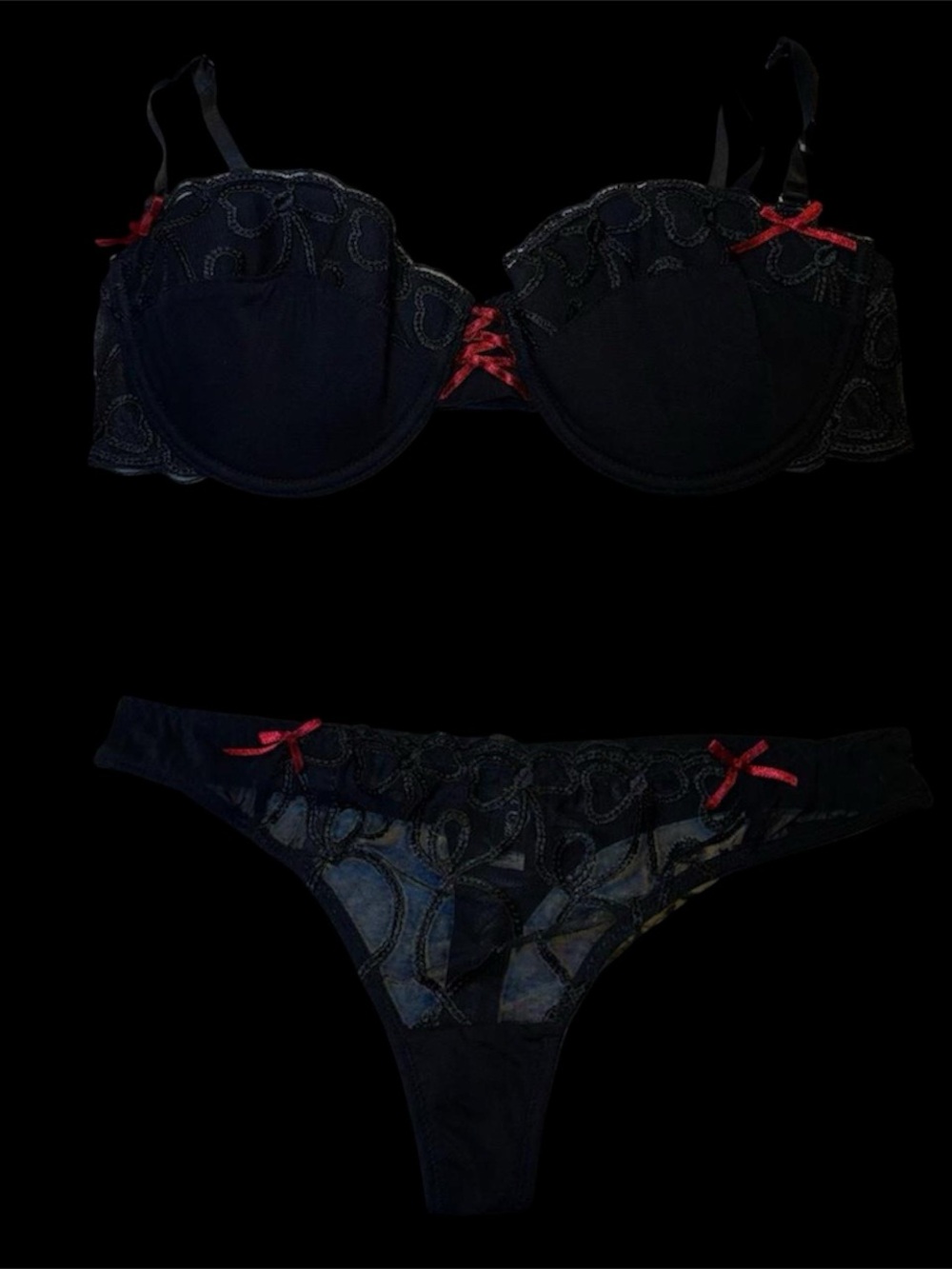Black Lace Bra with Red Ribbon Accents